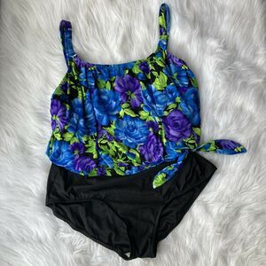 Beach Cabana Swim Suit Sz 1X One Piece Floral Blue Purple Ruched Modest Womens